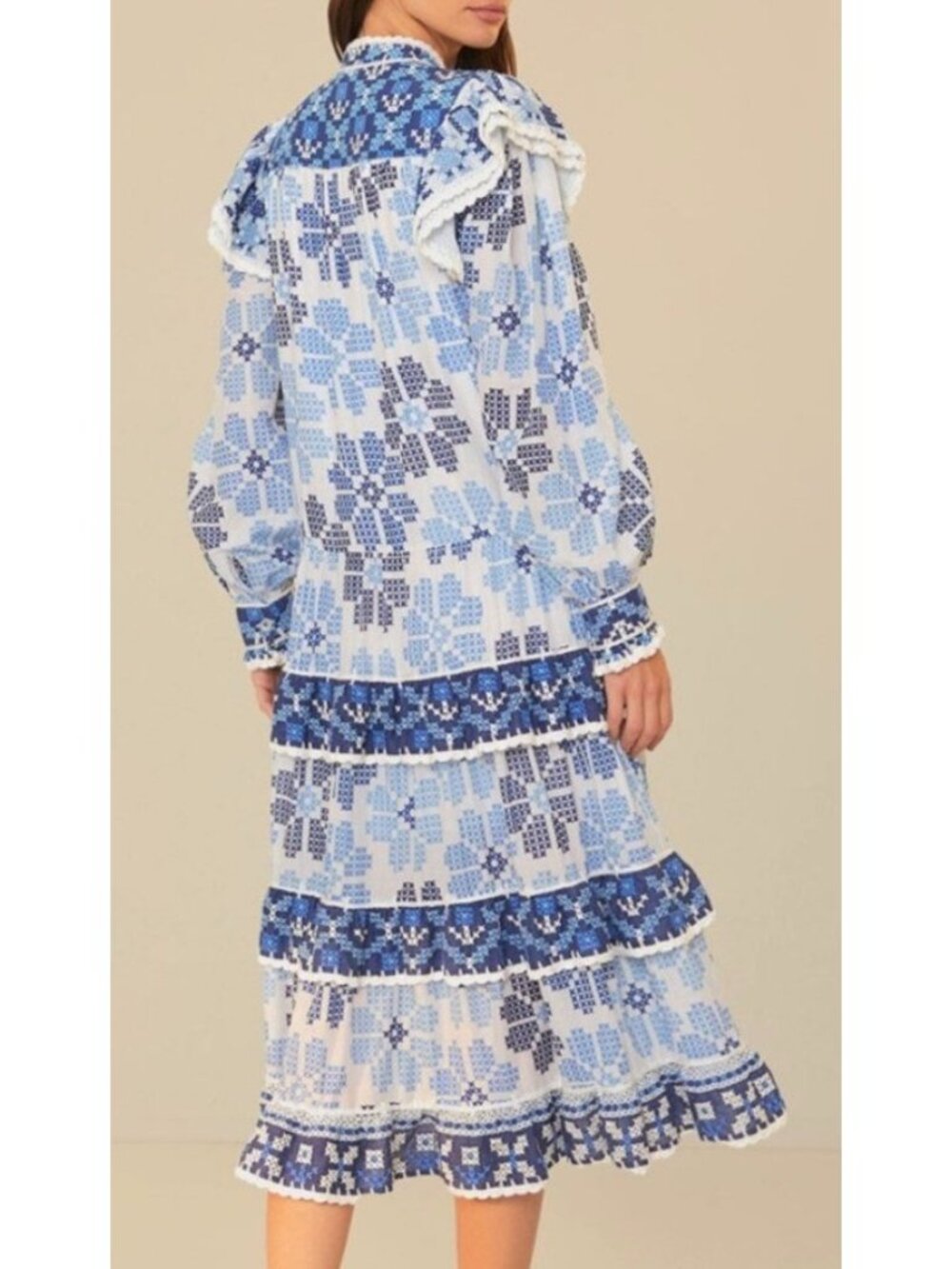 Farm Rio Women's Sz Medium Stitched Floral Maxi Dress With Lace Trim - Picture 6 of 15